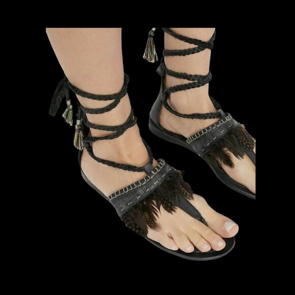 Free People Bora Bora Black Leather Gladiator Sandals Feather Tie-Up, Size 8 New - Picture 2 of 7